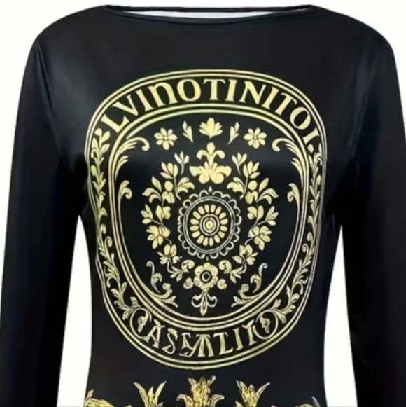 Stylish Black And Golden Baroque Totem Print Dress XXL Long Sleeves - Picture 6 of 6